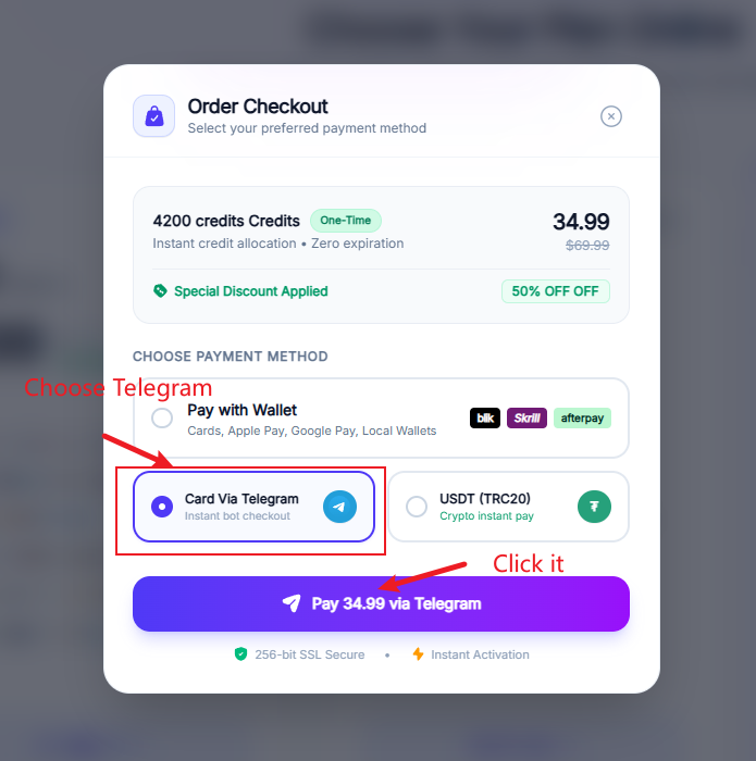Select a package and open Telegram payment
