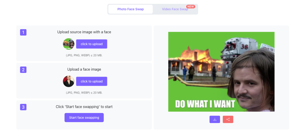 Visro AI face swap tool interface